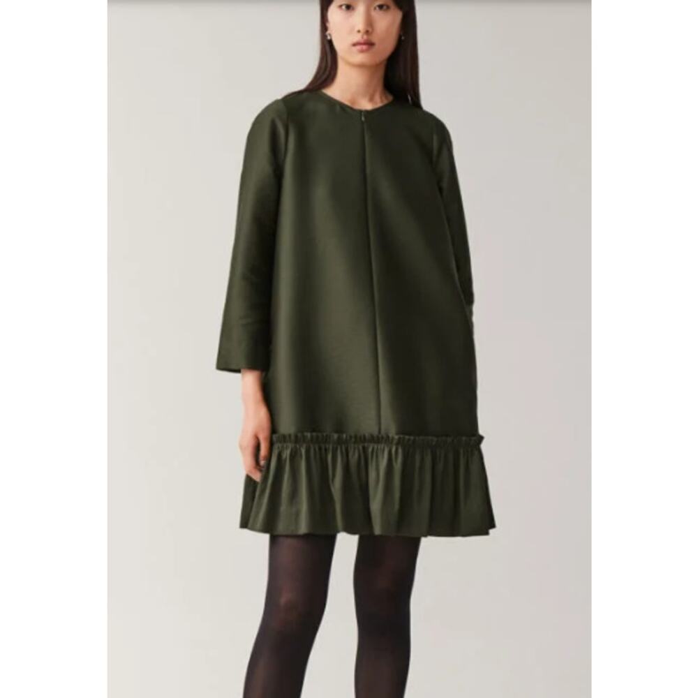 COS 3/4 Sleeve Full Zip Frilled A-Line Mini Dress Olive Green Women's Size 4